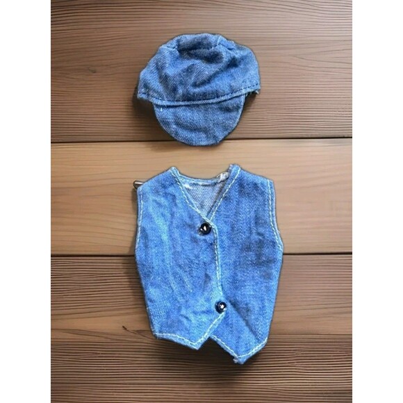 Vintage 1980s Barbie? Clone Mod? Doll Outfit Blue Jean Denim Vest & Newsboy Hat - Picture 1 of 10